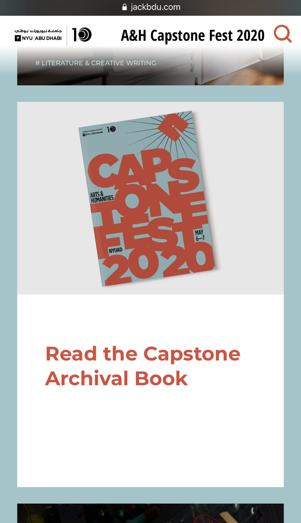 Screenshot of Capstone Festival Website's book tile displayed in a mobile browser