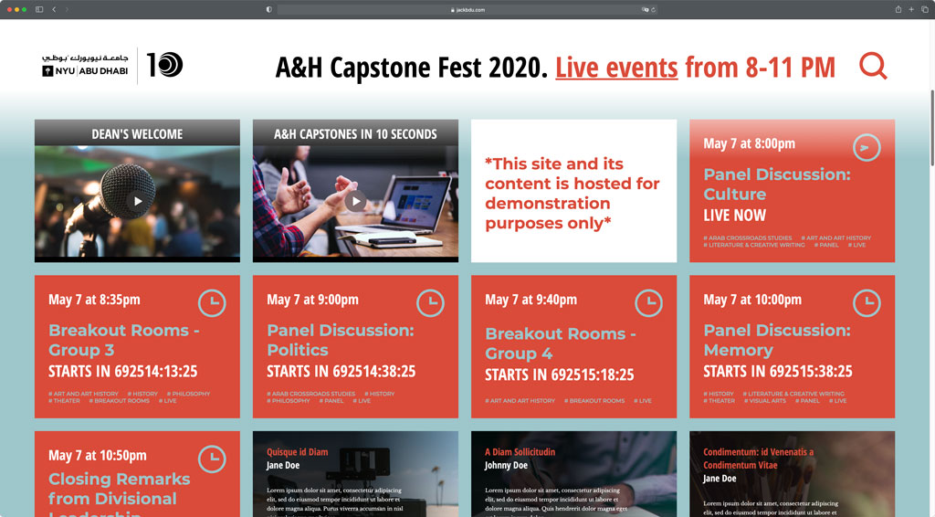 Screenshot of Capstone Festival Website displayed on a large screen