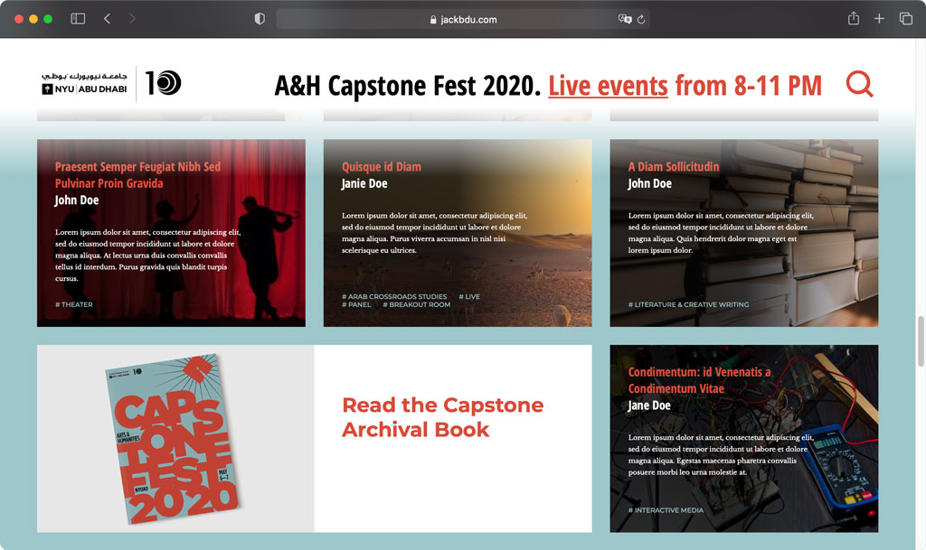 Screenshot of Capstone Festival Website's project and book tiles