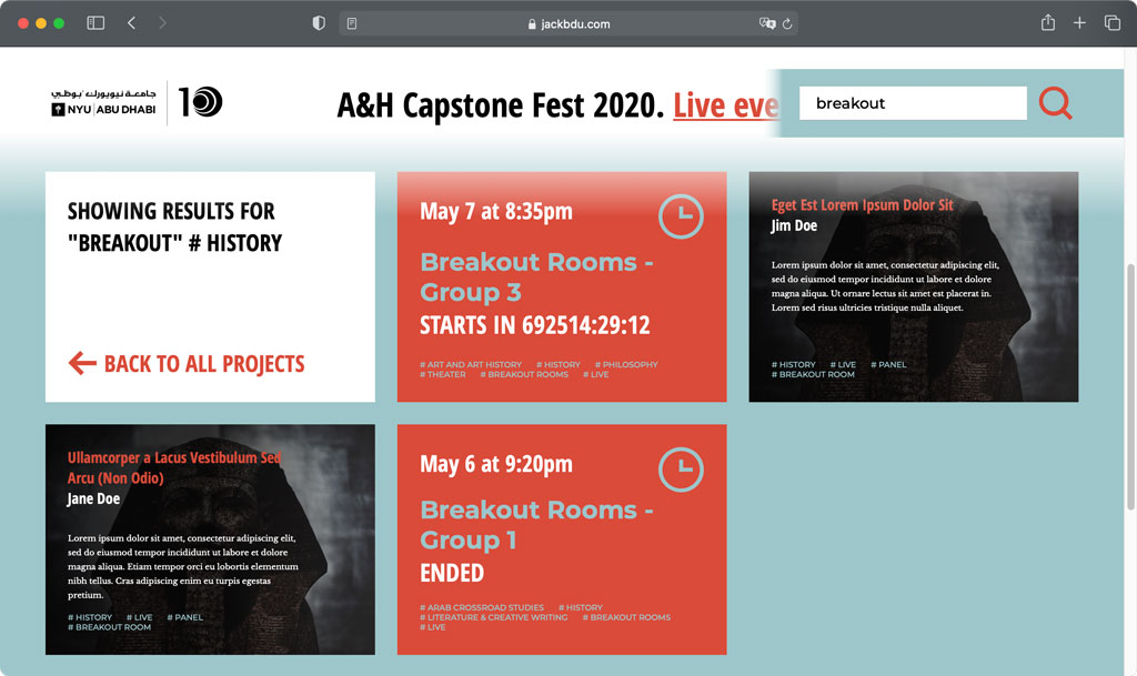 Screenshot of Capstone Festival Website's real-time search and filter