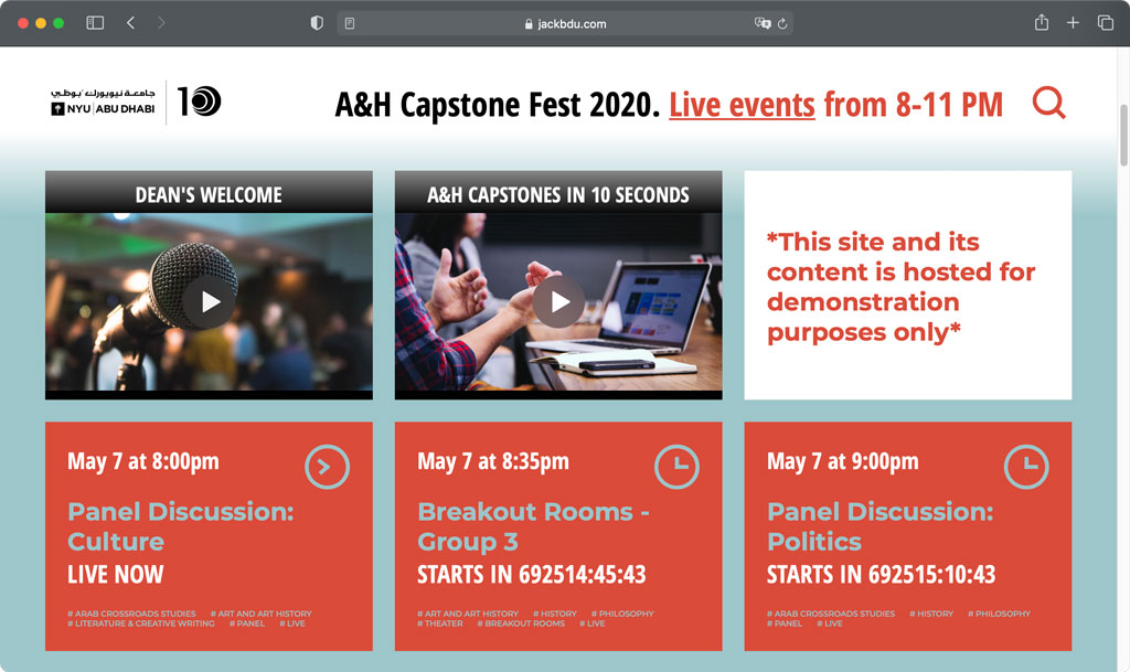Screenshot of Capstone Festival Website's video and live event tiles