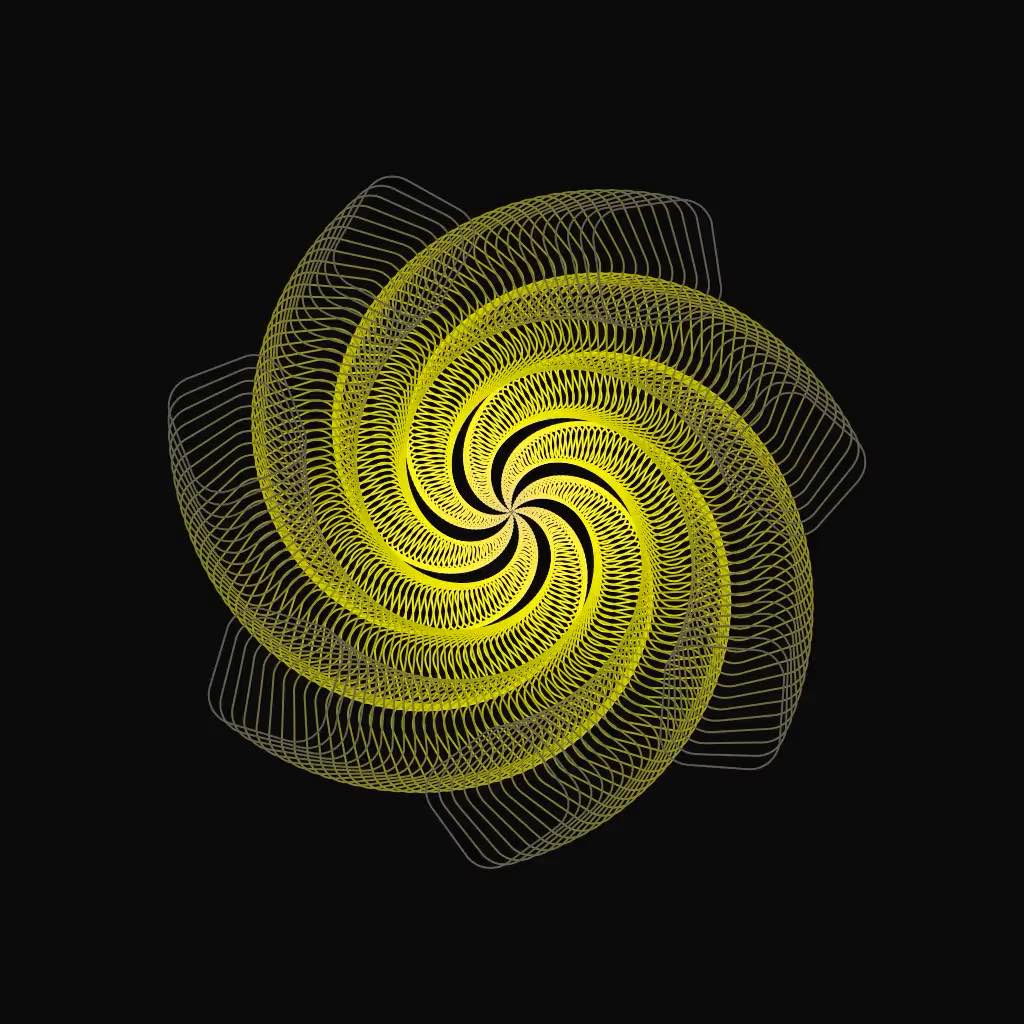 Multiple spirals of heavily-overlapped yellow round-corner squares in an arranged with a radial look