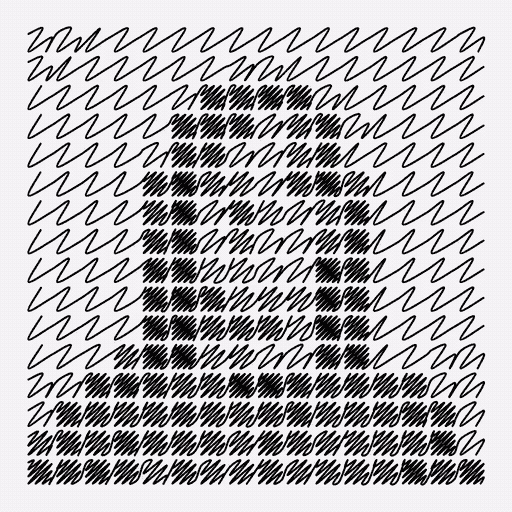 A portrait formed by rows of connected black scribbles of different densities on white background