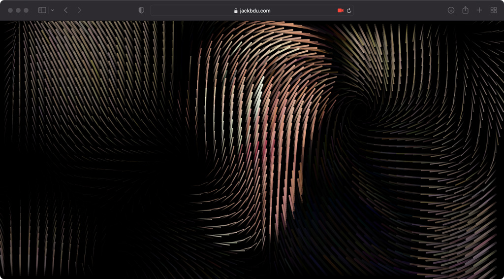 A screenshot of Drift Mirror, containing visuals that resemble a person formed by small lines in different colors drifting towards different directions