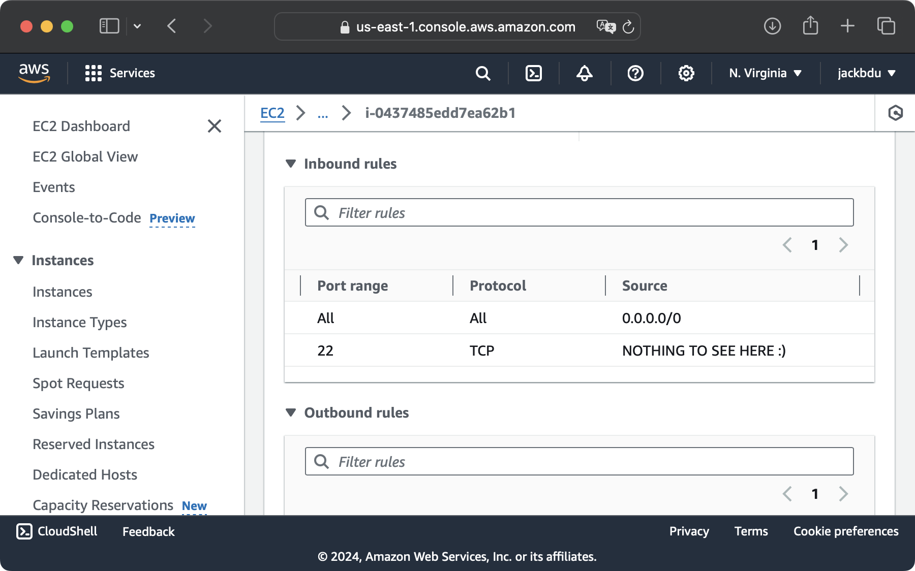 A screenshot of browser window showing EC2 instance inbound rules on AWS website