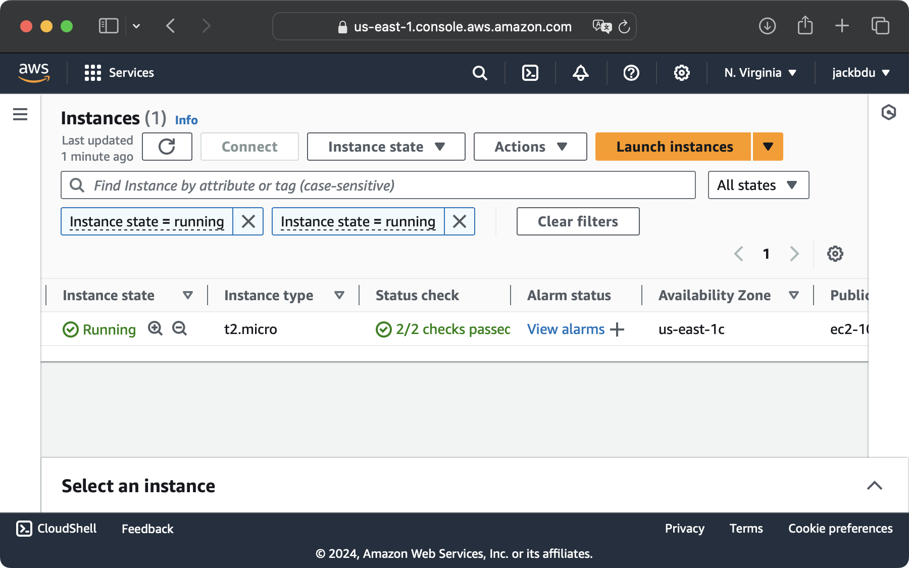 A screenshot of browser window showing running EC2 instance on AWS website