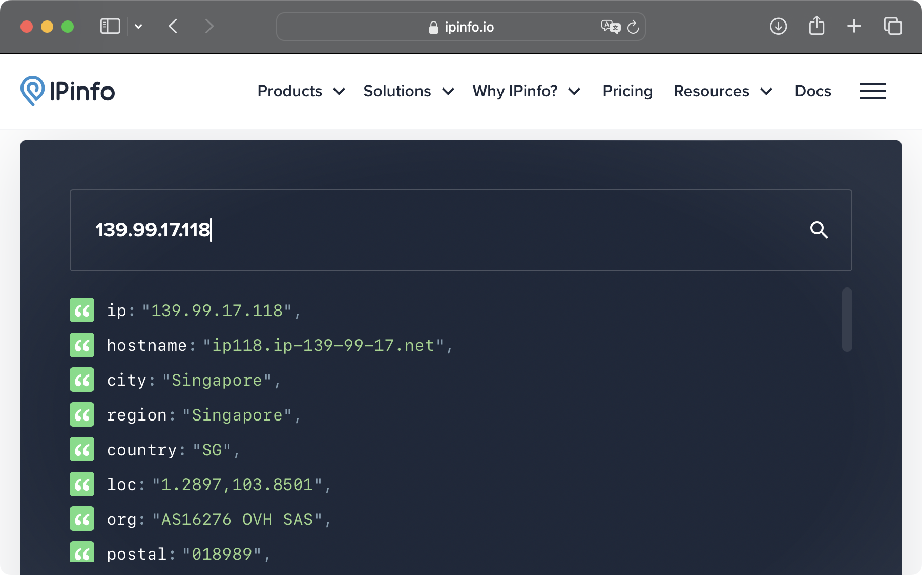 A screenshot of browser window of IPinfo showing information of the IP address 139.99.17.118
