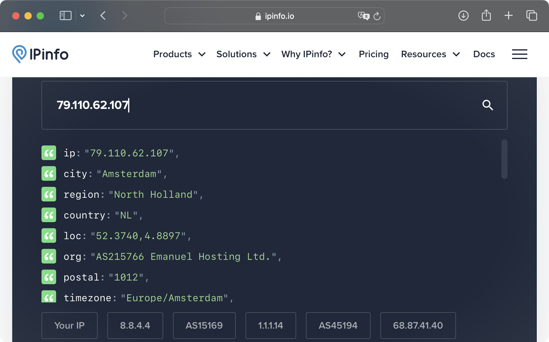 A screenshot of browser window of IPinfo showing information of the IP address 79.110.62.107