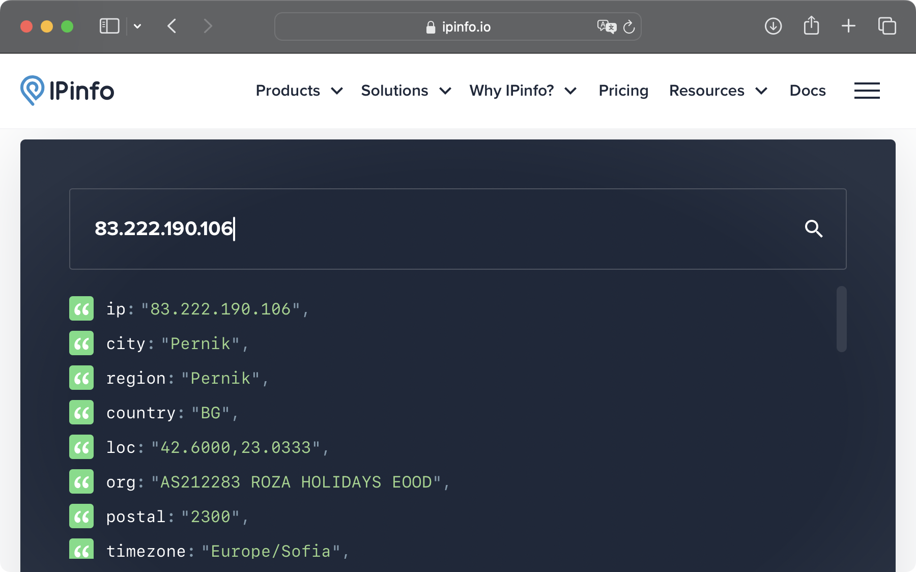 A screenshot of browser window of IPinfo showing information of the IP address 83.222.190.106