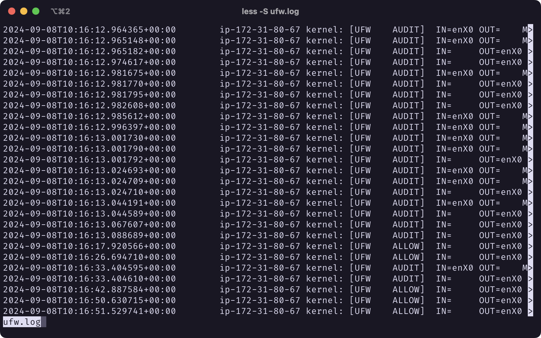 A screenshot of Terminal window showing ufw log with audited and allowed connections only