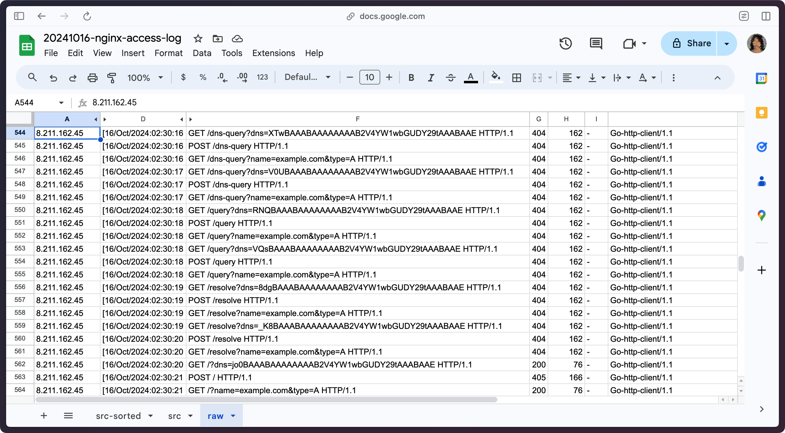 A screenshot of browser window showing nginx access log in Google spreadsheet