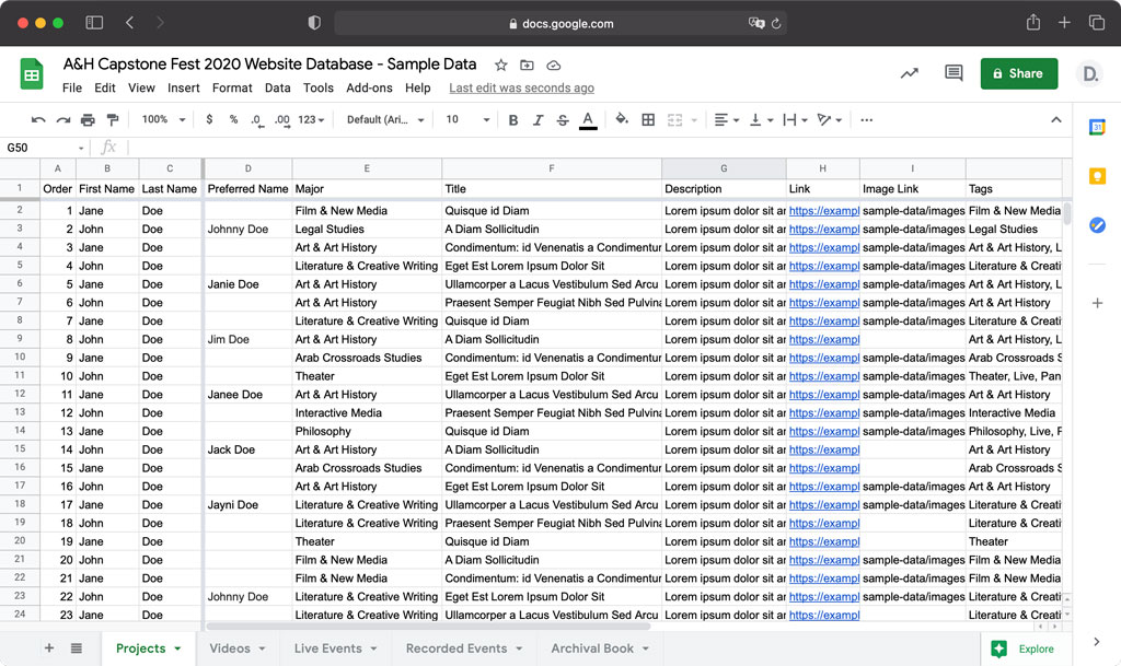 Capstone Festival Website - Real-time Google Sheets Database