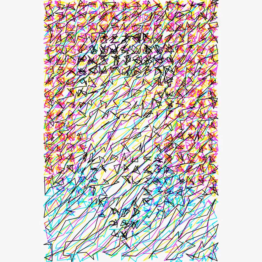 Self-portrait formed by a grid of colorful scribbles of different densities on white background