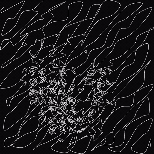 An abstract portrait formed by a grid of white scribbles of different densities on black background