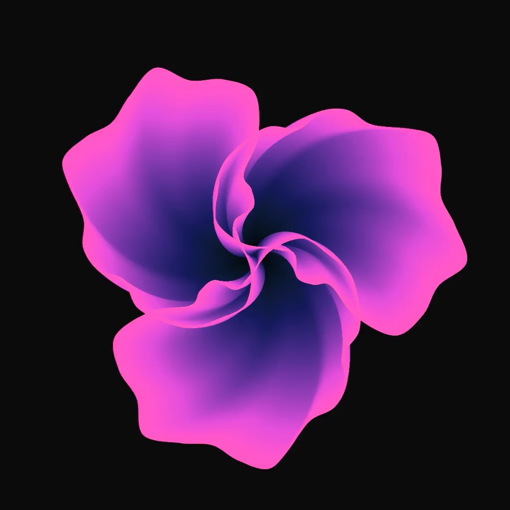 Three flowery petals interwined, in color gradient from navy near the center to hot pink near the edges