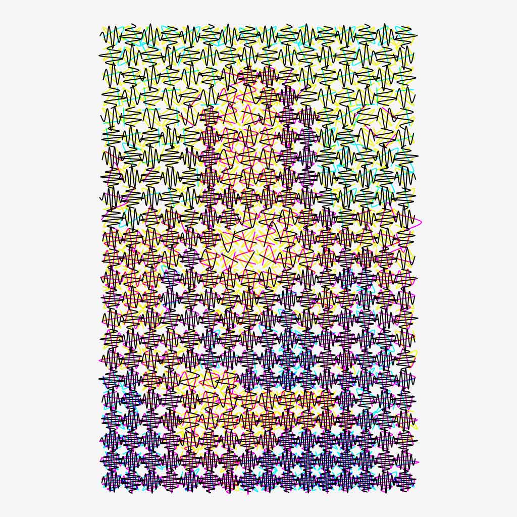 Mona Lisa formed by a grid of colorful zigzag scribbles of different densities in different orientation on white background