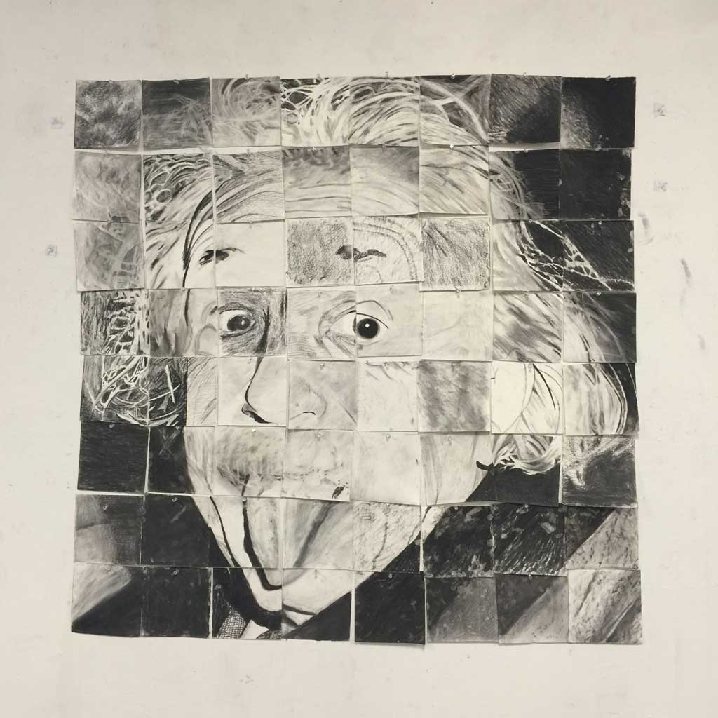 Albert Einstein’s portrait formed by small pieces of drawings by different students in my class