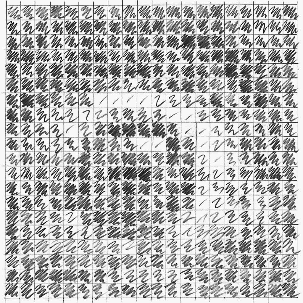 A drawing of Clay Shirky's eye formed by a grid of small scribbles